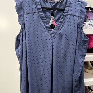 41 Hawthorn Navy Sleeveless V-Neck Dot Ruffle Shoulder Blouse